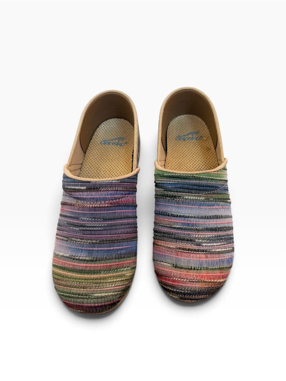 Dansko Jute Multicolor Striped Slip-On Boho Lagenlook Art Teacher Clogs Size 39